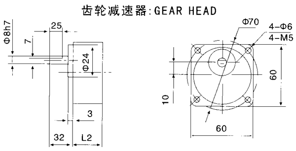 臺(tái)灣YY、YN系列小型齒輪減速電機(jī)外形及安裝尺寸(機(jī)座號(hào)60)